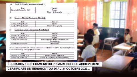 Éducation : les examens du Primary School Achievement Certificate se tiendront du 26 au 31 octobre 2023…