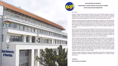 Open University of Mauritius : les examens de fin d’année auront lieu en présentiel