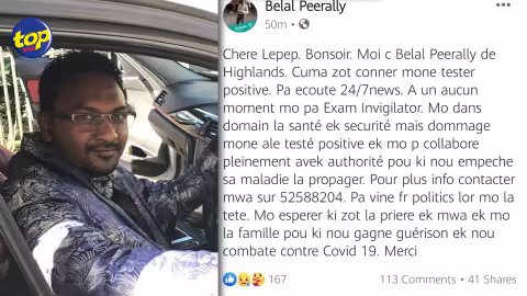 Article alléguant que Belal Peerally est un invigilator testé positif : l’habitant de Highlands apporte un démenti , dans une déclaration à TOPFM