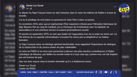 Décès du Pape François : Xavier-Luc Duval salue un « homme de paix »